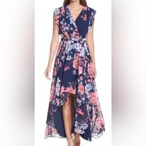 Eliza J Chiffon Maxi Dress Size 14 Navy Floral High-Low V-Neck Flutter Sleeve